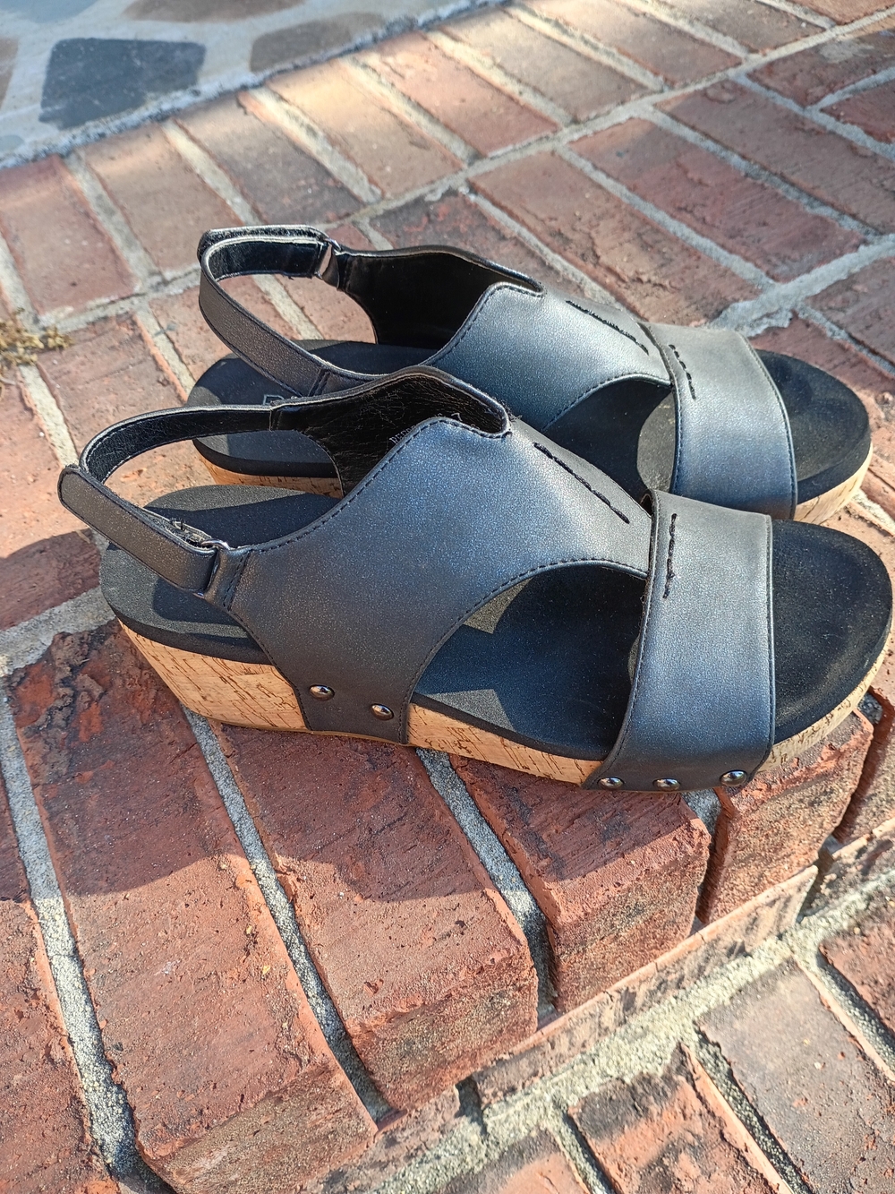 Refresh Black Faux-Leather Cork Platform Slingback Sandals Boutique By Corkys